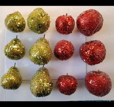 Sugar Beaded Glitter RED APPLES & GREEN PEARS Christmas Ornaments Set Of 12