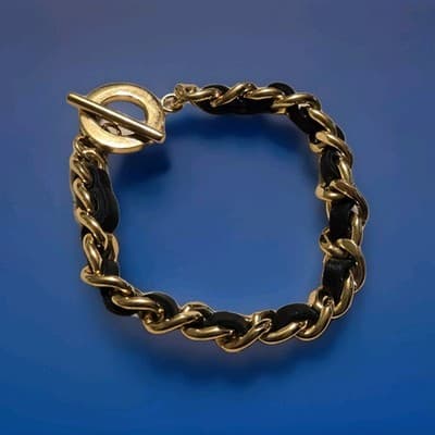 Steel By Design Bracelet Gold Toned With Woven Black Sheepskin Leather - Image 1