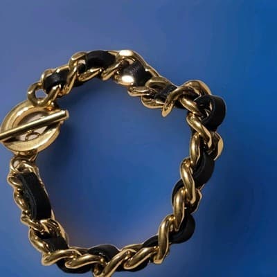 Steel By Design Bracelet Gold Toned With Woven Black Sheepskin Leather - Thumbnail 4