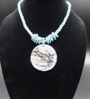 1970s Lee Sands 18" Turquoise Beaded Necklace + Mother of Pearl Round Pendant - Image 1