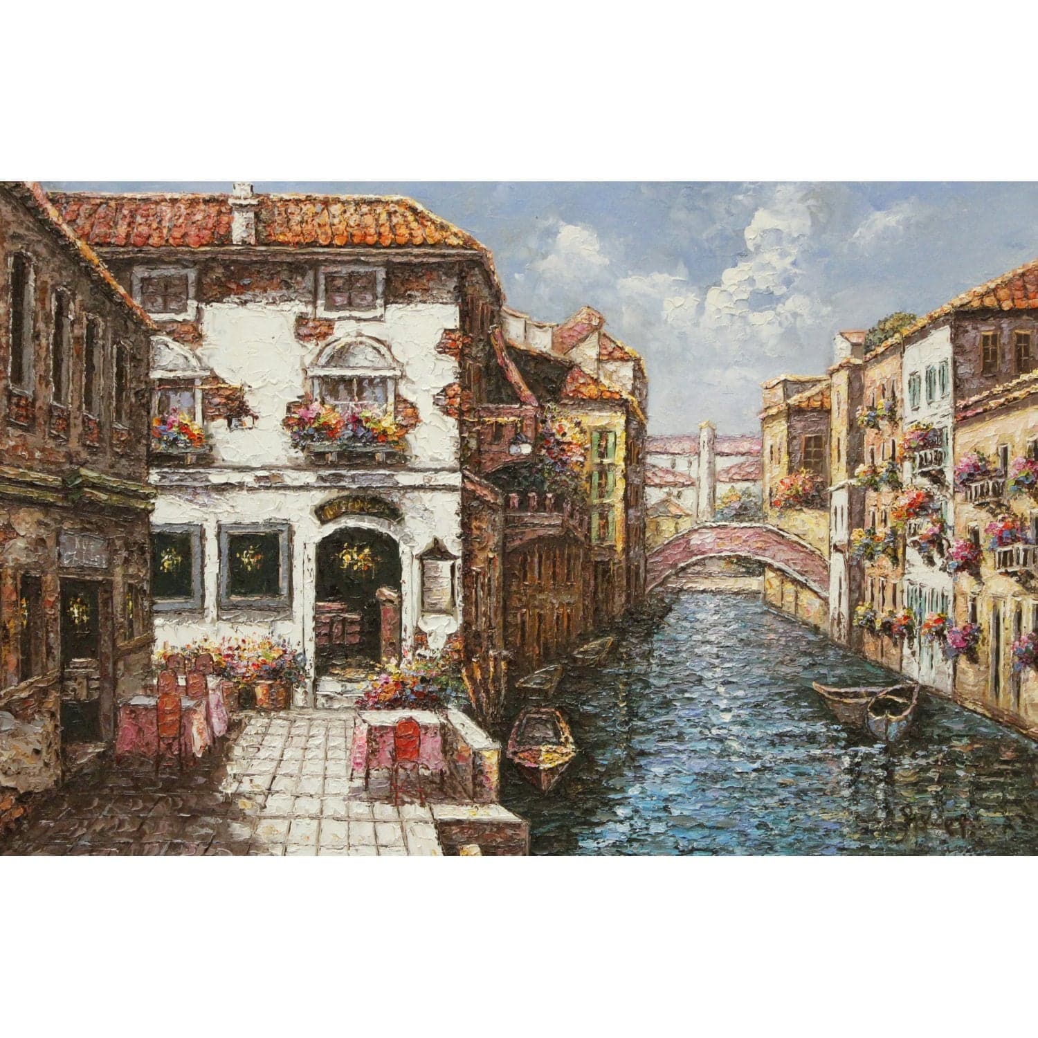 Framed Original Oil Painting of Venice Canal & Cafe - Thumbnail 2