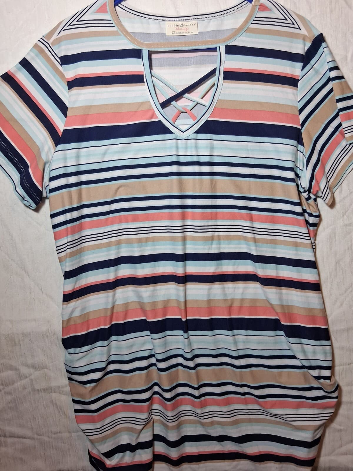 Cotton blend stripe v-neck short sleeve top casual contemporary brand 2x - Image 1
