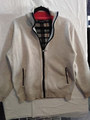 Flece jackt , reversible bomber style with textured beige exterior and plaid int - Image 1