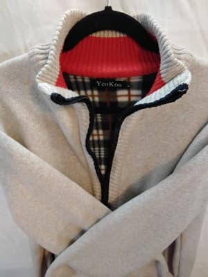 Flece jackt , reversible bomber style with textured beige exterior and plaid int - Thumbnail 13