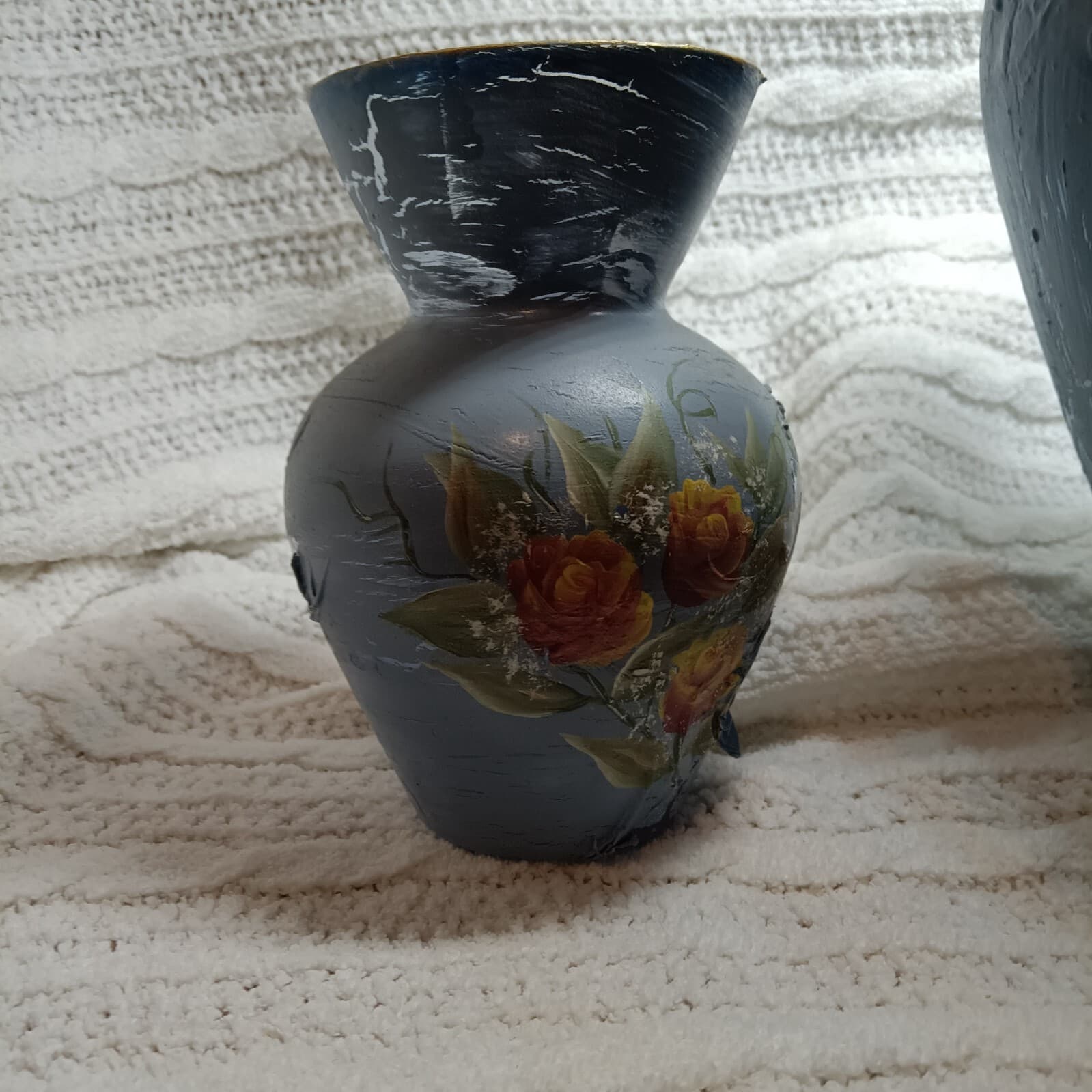 Blue glass vase with hand- painted floral decoration, vintage decorative art - Image 1