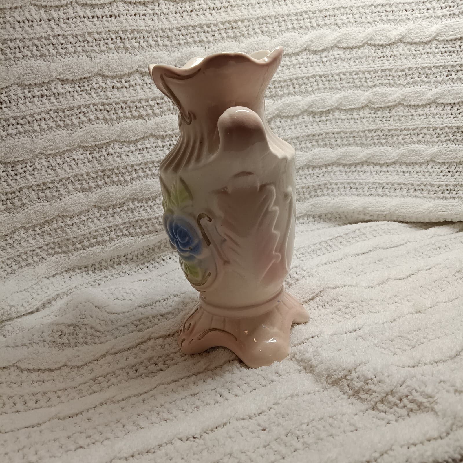 Ceramic decorative vase with applied floral relief decoration scroll handle - Thumbnail 2