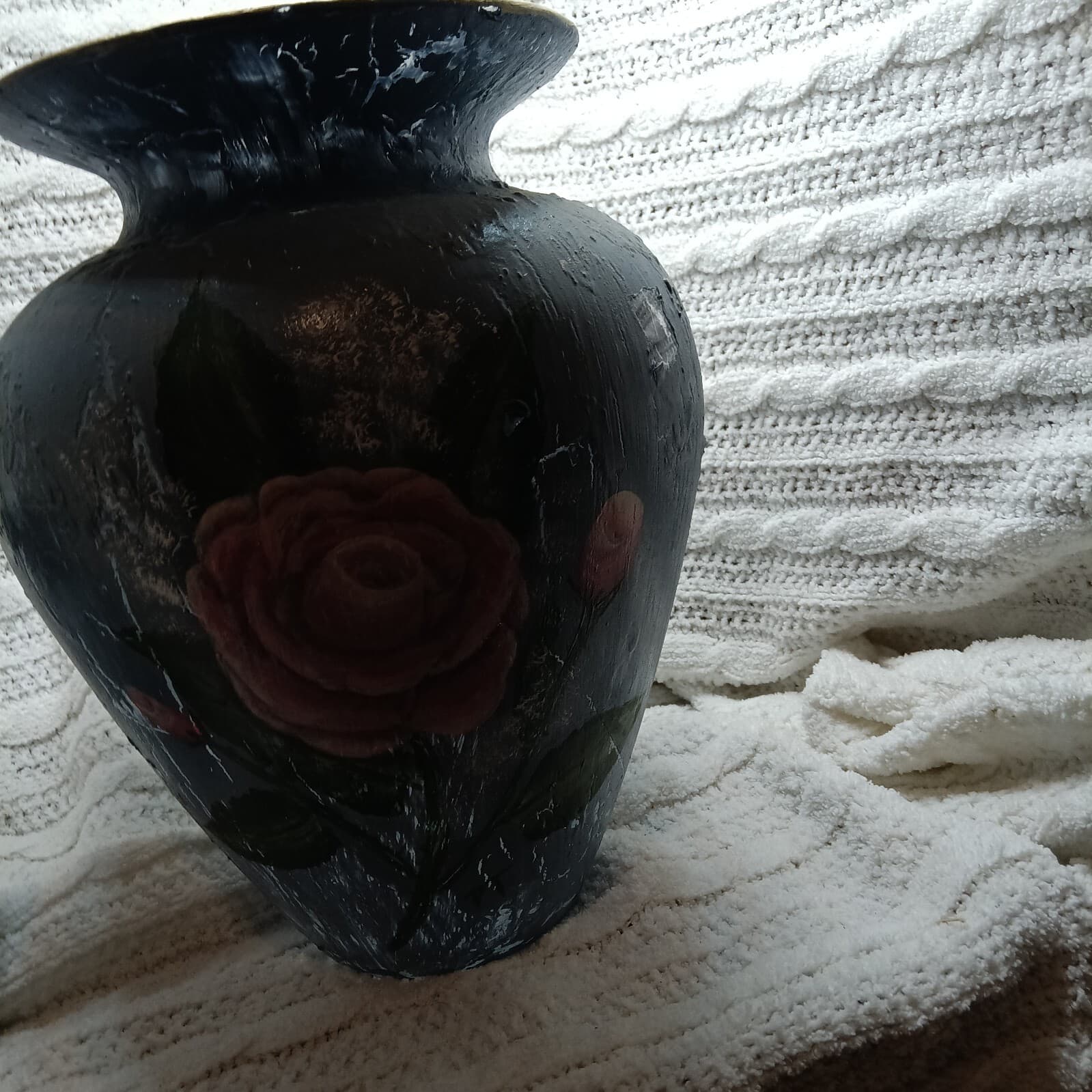 Blue glass vase with hand- painted floral decoration, vintage decorative art - Thumbnail 6