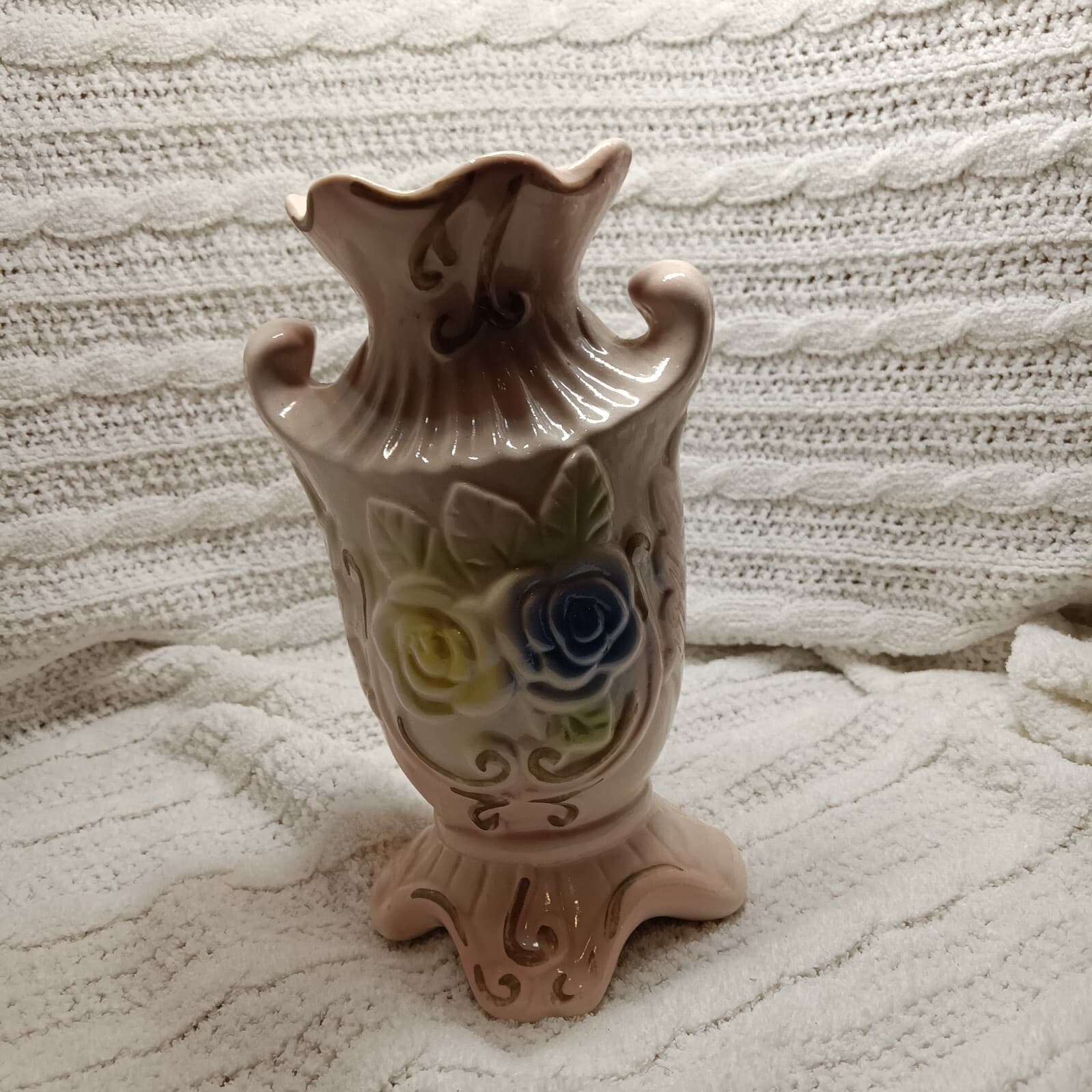 Ceramic decorative vase with applied floral relief decoration scroll handle - Image 1