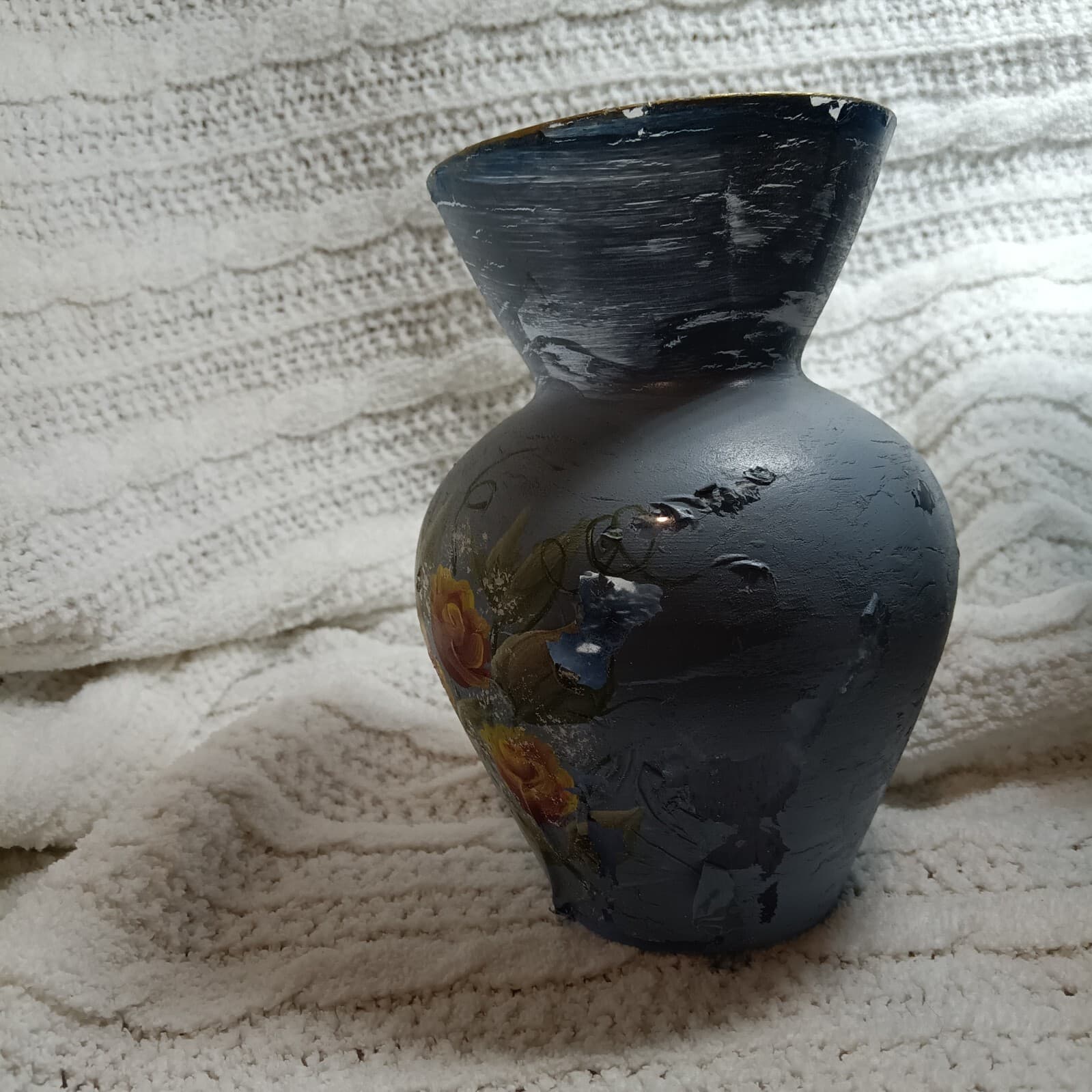 Blue glass vase with hand- painted floral decoration, vintage decorative art - Thumbnail 2