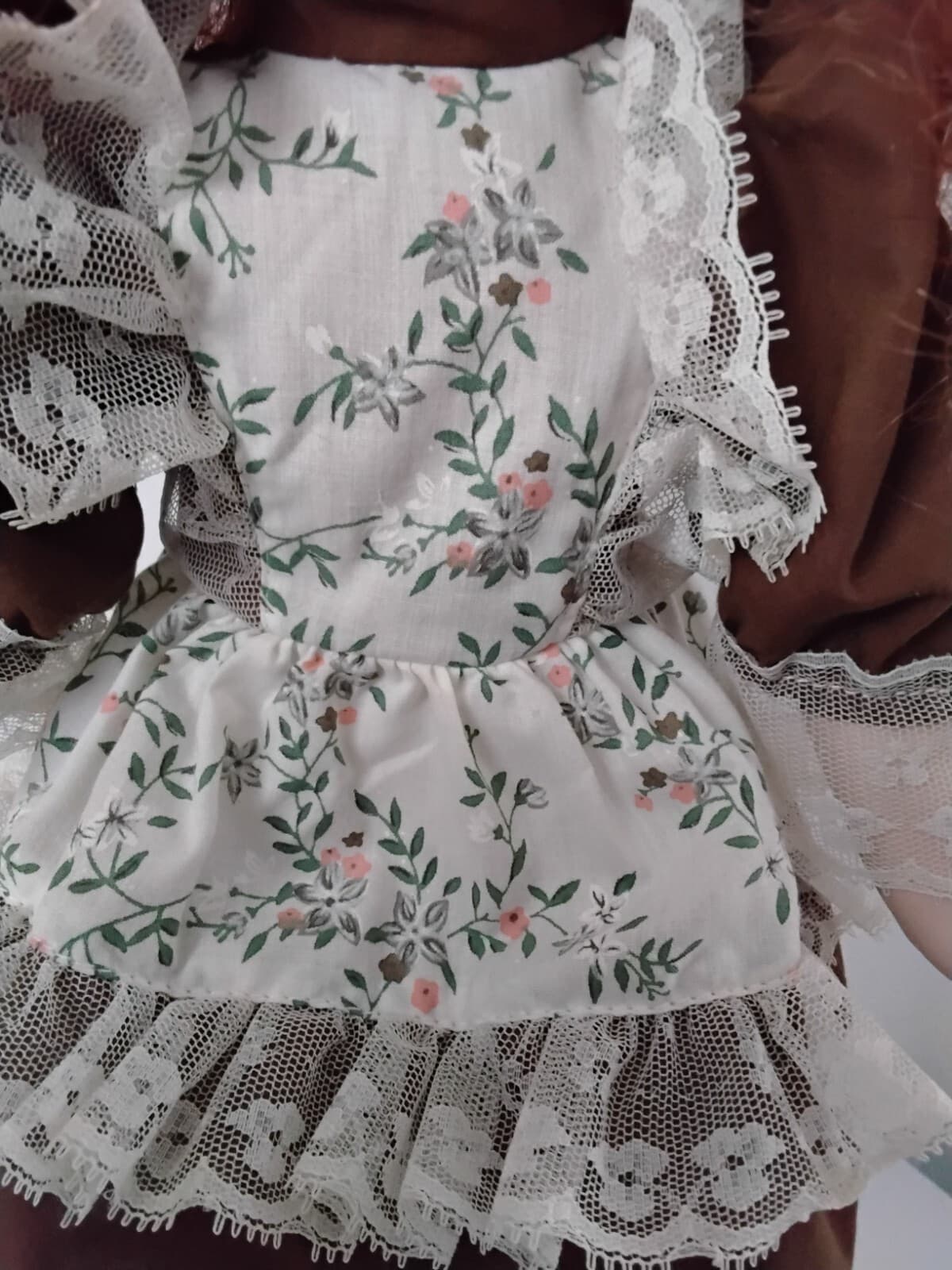 Porcelain collectible doll with auburn hair, brown Victorian style dress/ apron - Thumbnail 5