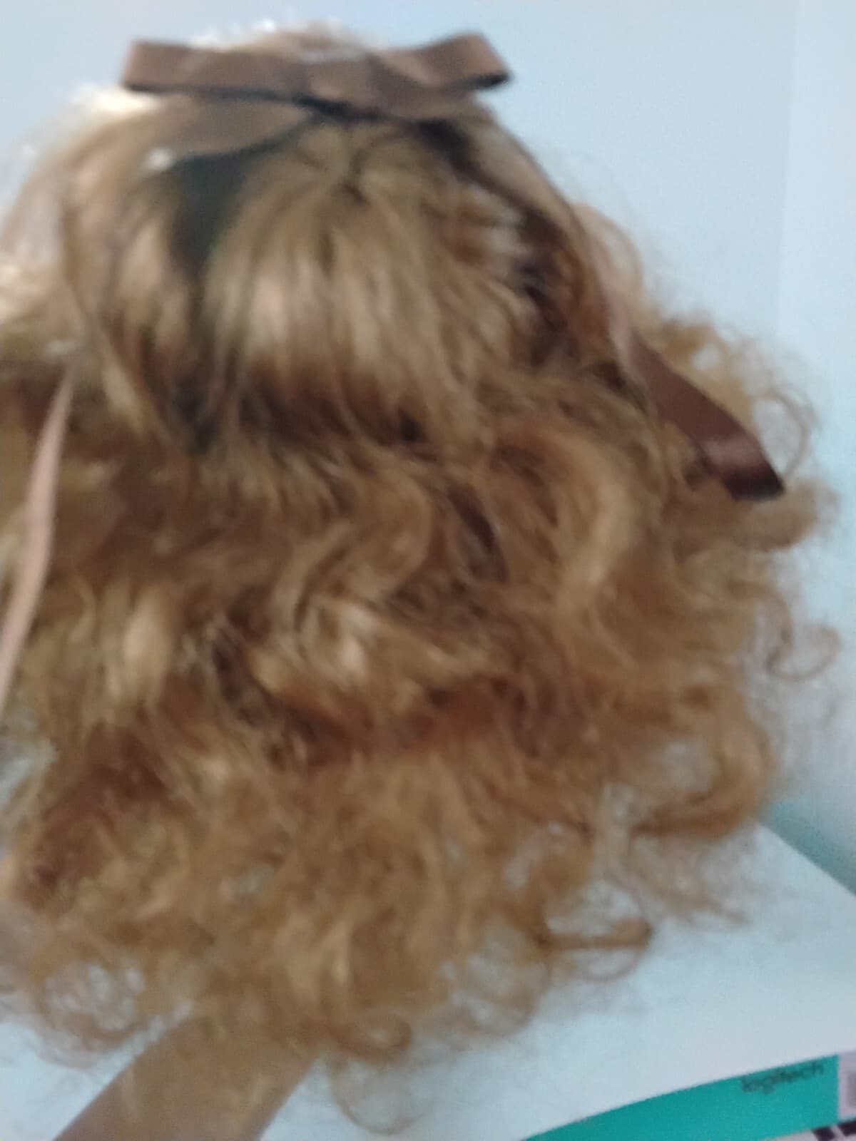 Porcelain collectible doll with auburn hair, brown Victorian style dress/ apron - Thumbnail 9