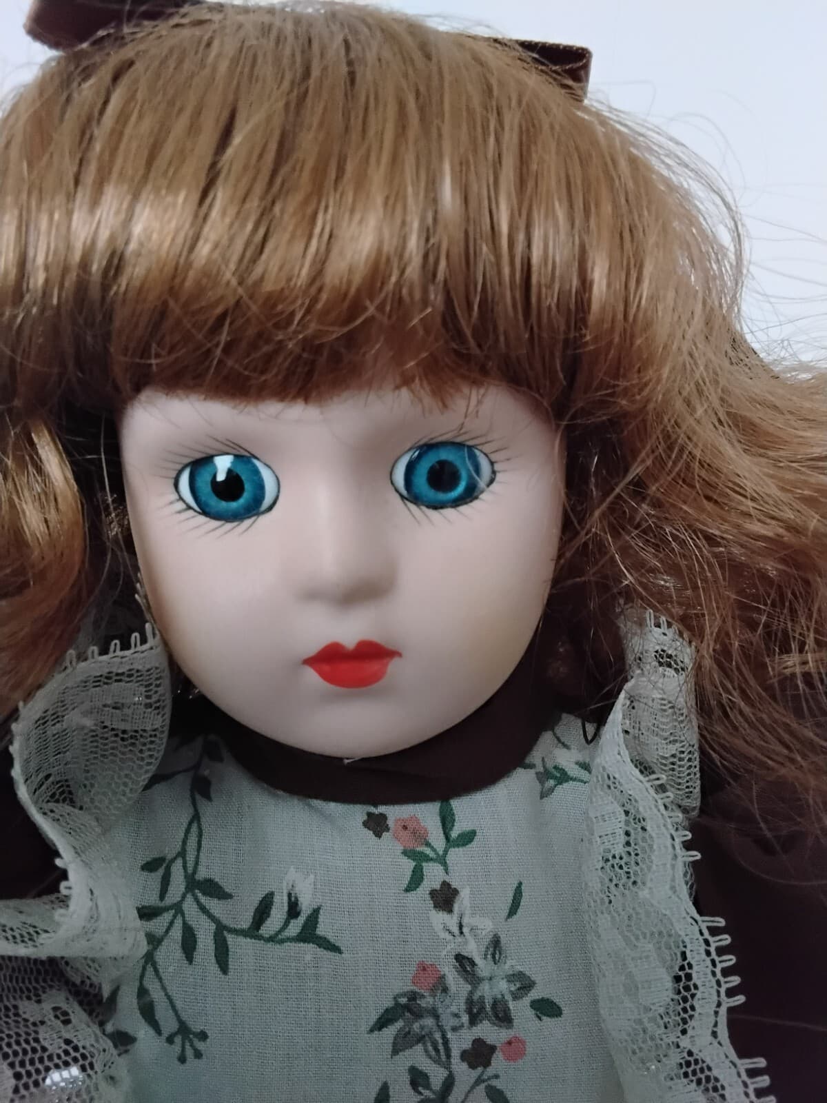 Porcelain collectible doll with auburn hair, brown Victorian style dress/ apron - Thumbnail 4