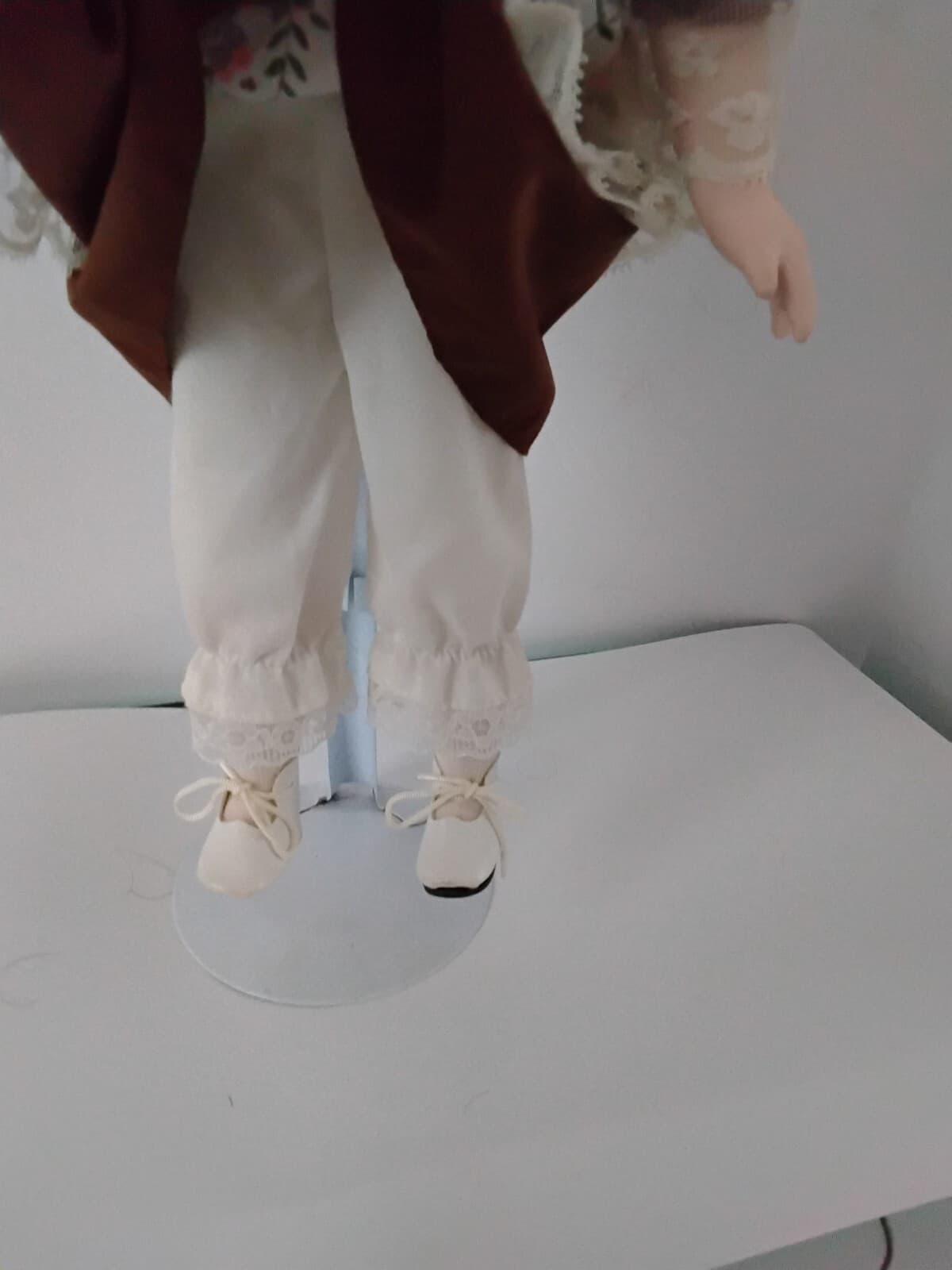 Porcelain collectible doll with auburn hair, brown Victorian style dress/ apron - Thumbnail 2