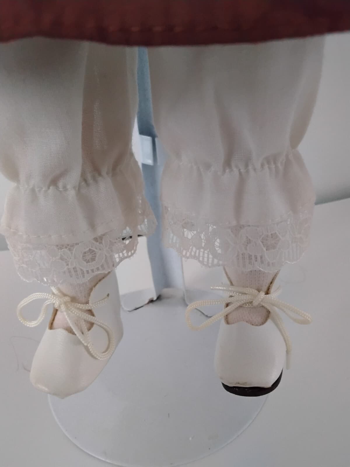 Porcelain collectible doll with auburn hair, brown Victorian style dress/ apron - Thumbnail 7