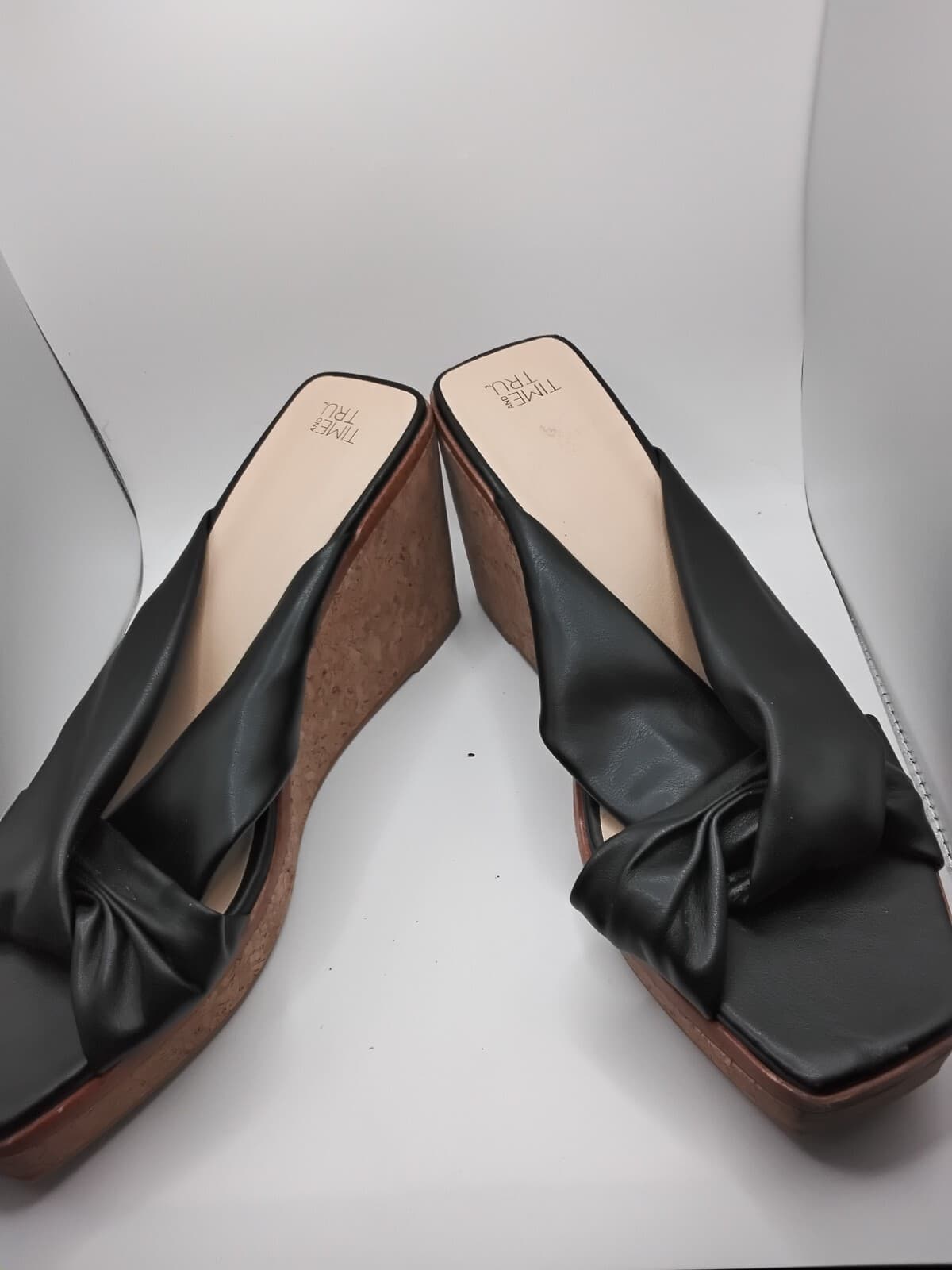 Synthetic leather wedge sandals, Time and Tru knotted slide mules - Thumbnail 11