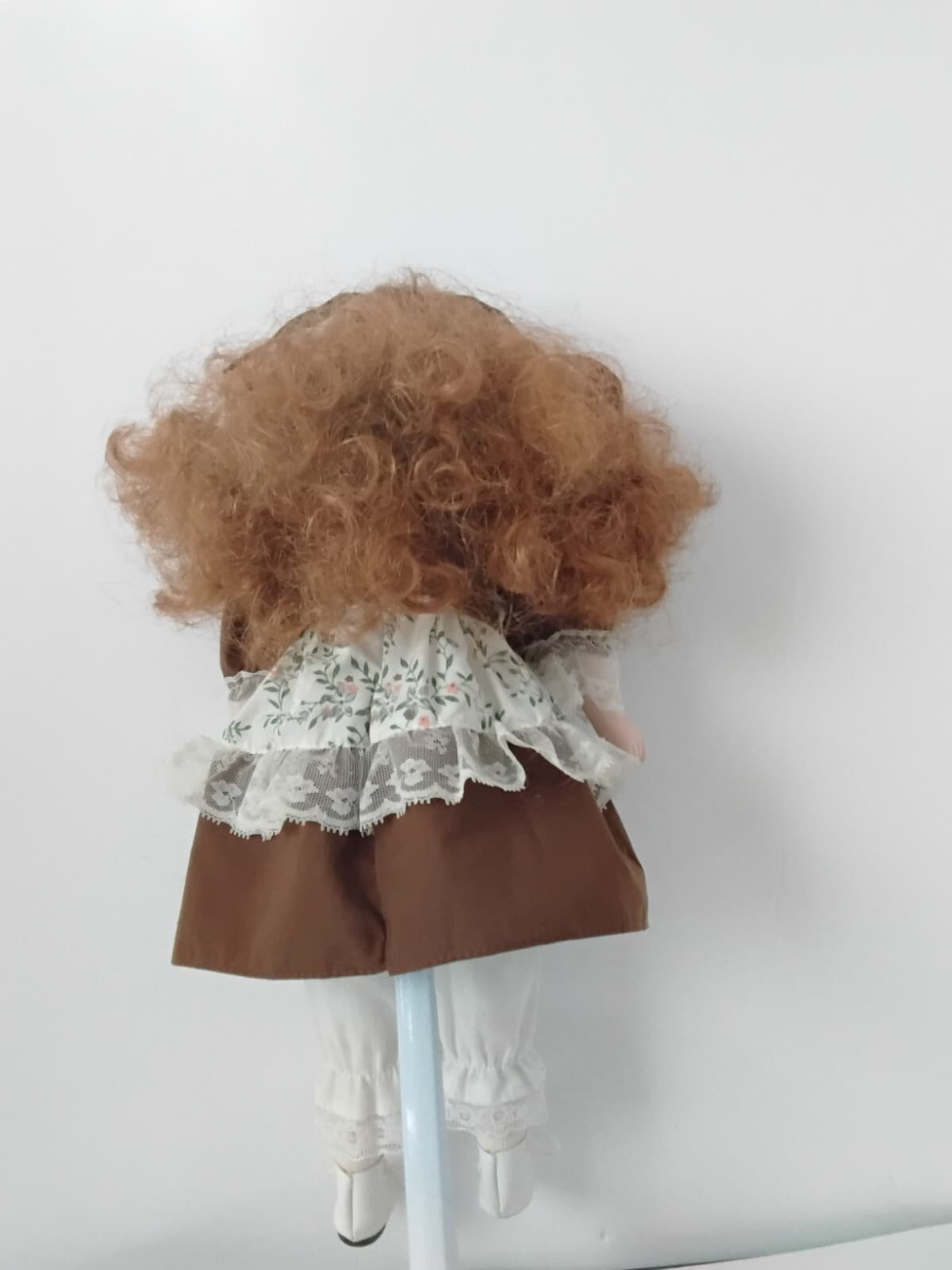 Porcelain collectible doll with auburn hair, brown Victorian style dress/ apron - Thumbnail 10