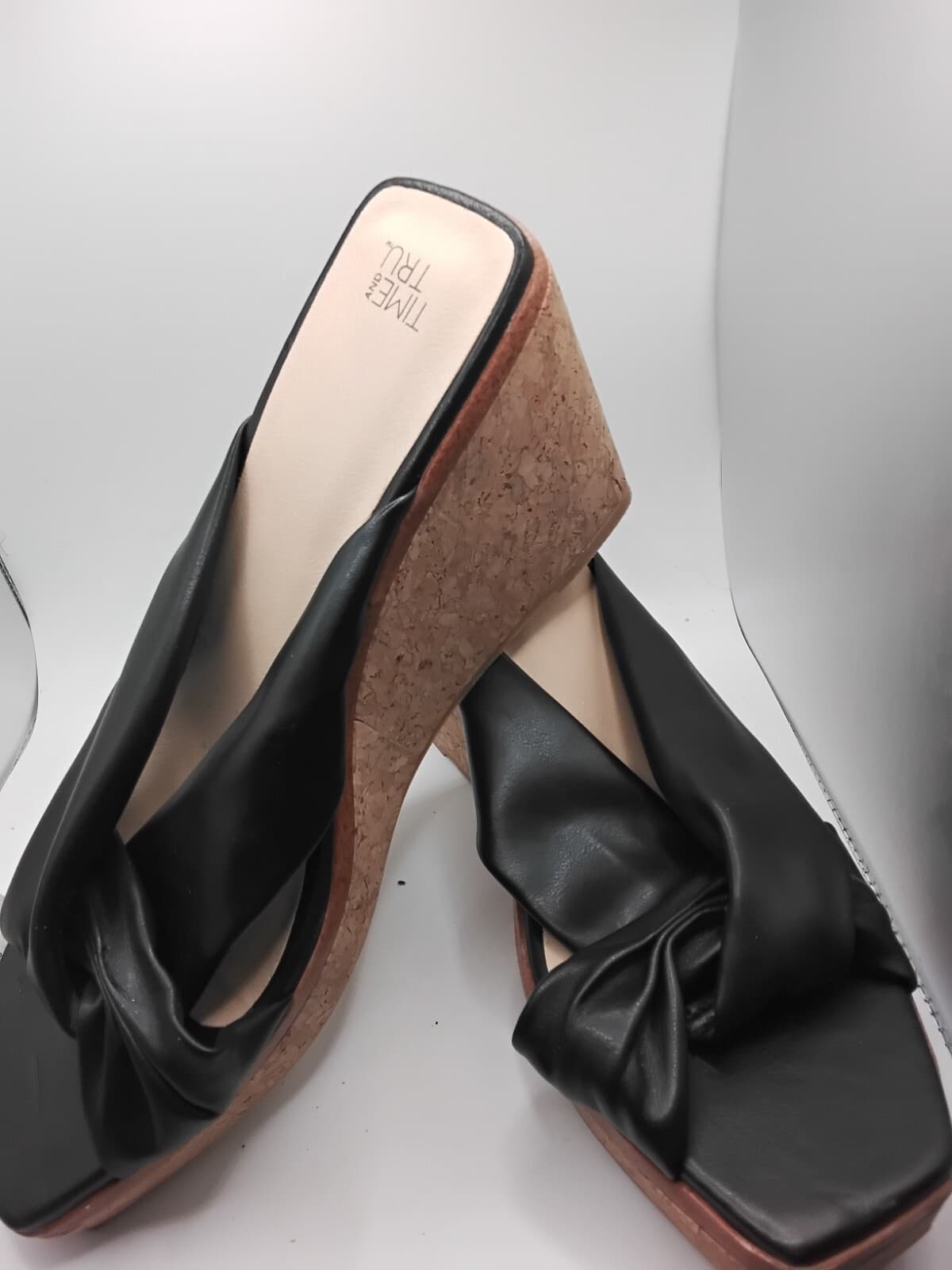 Synthetic leather wedge sandals, Time and Tru knotted slide mules - Thumbnail 12