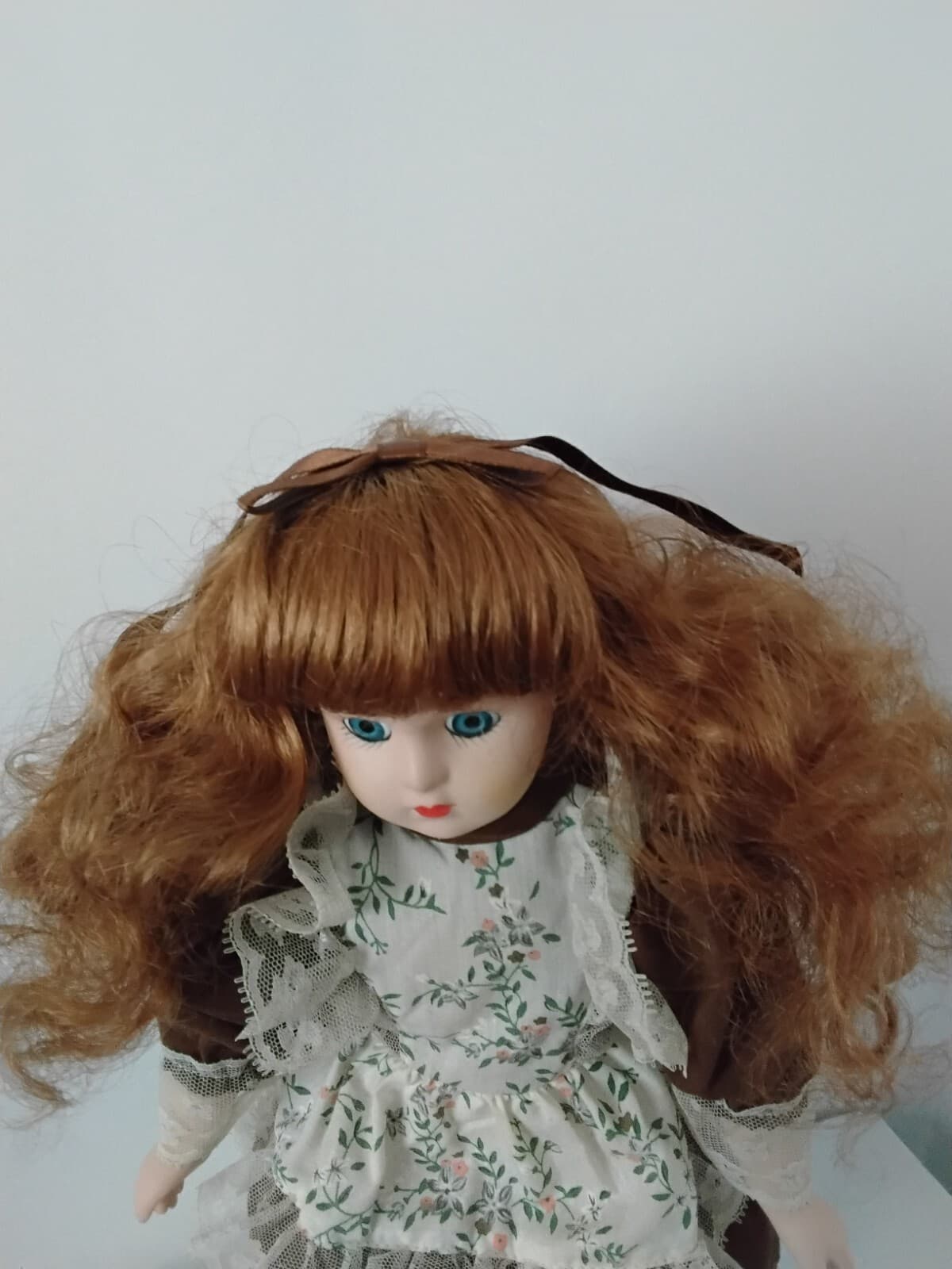 Porcelain collectible doll with auburn hair, brown Victorian style dress/ apron - Thumbnail 6