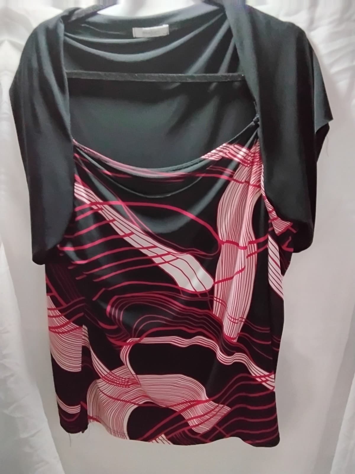 Polyester blend top, Caren Sport pink and black swirl print cowl neck blouse - Image 1
