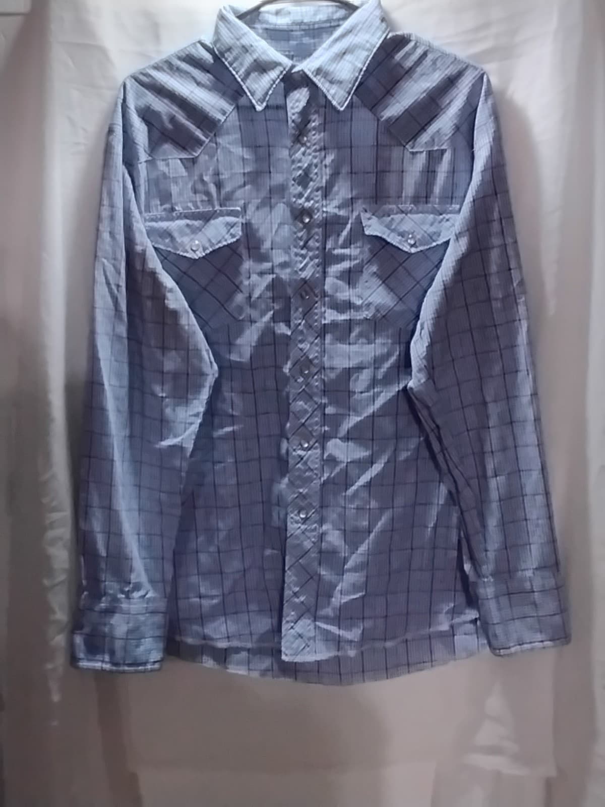 Cotton western shirt, Wrangler, XL/XLG, blue plaid pearl snap long sleeve - Thumbnail 6