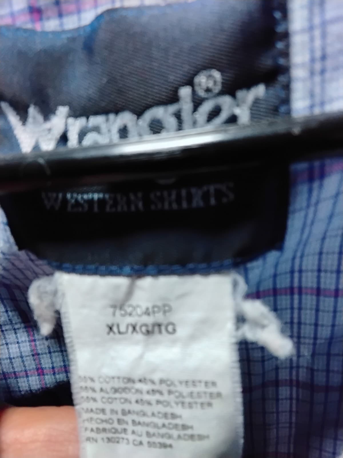 Cotton western shirt, Wrangler, XL/XLG, blue plaid pearl snap long sleeve - Thumbnail 2