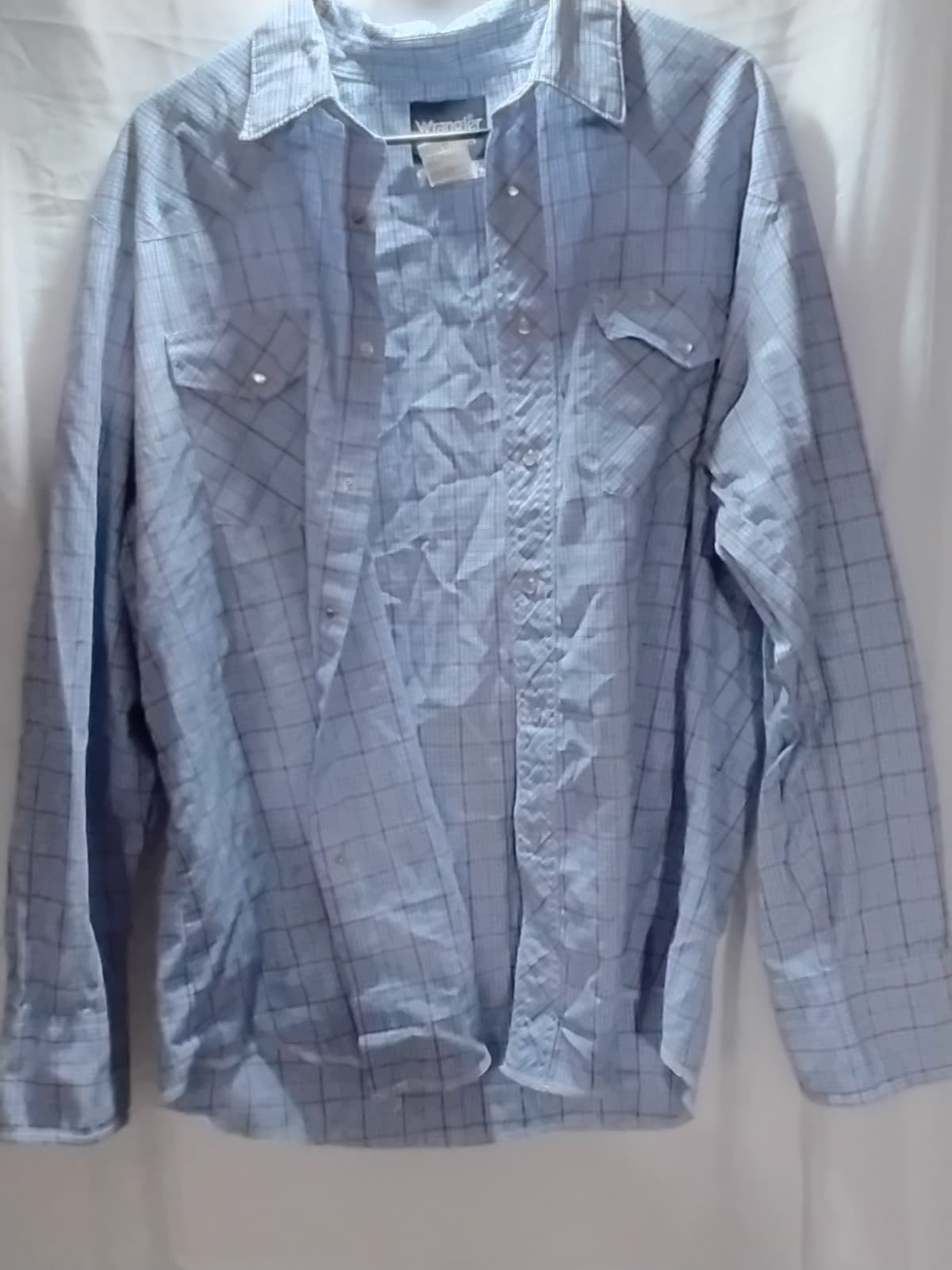 Cotton western shirt, Wrangler, XL/XLG, blue plaid pearl snap long sleeve - Thumbnail 3