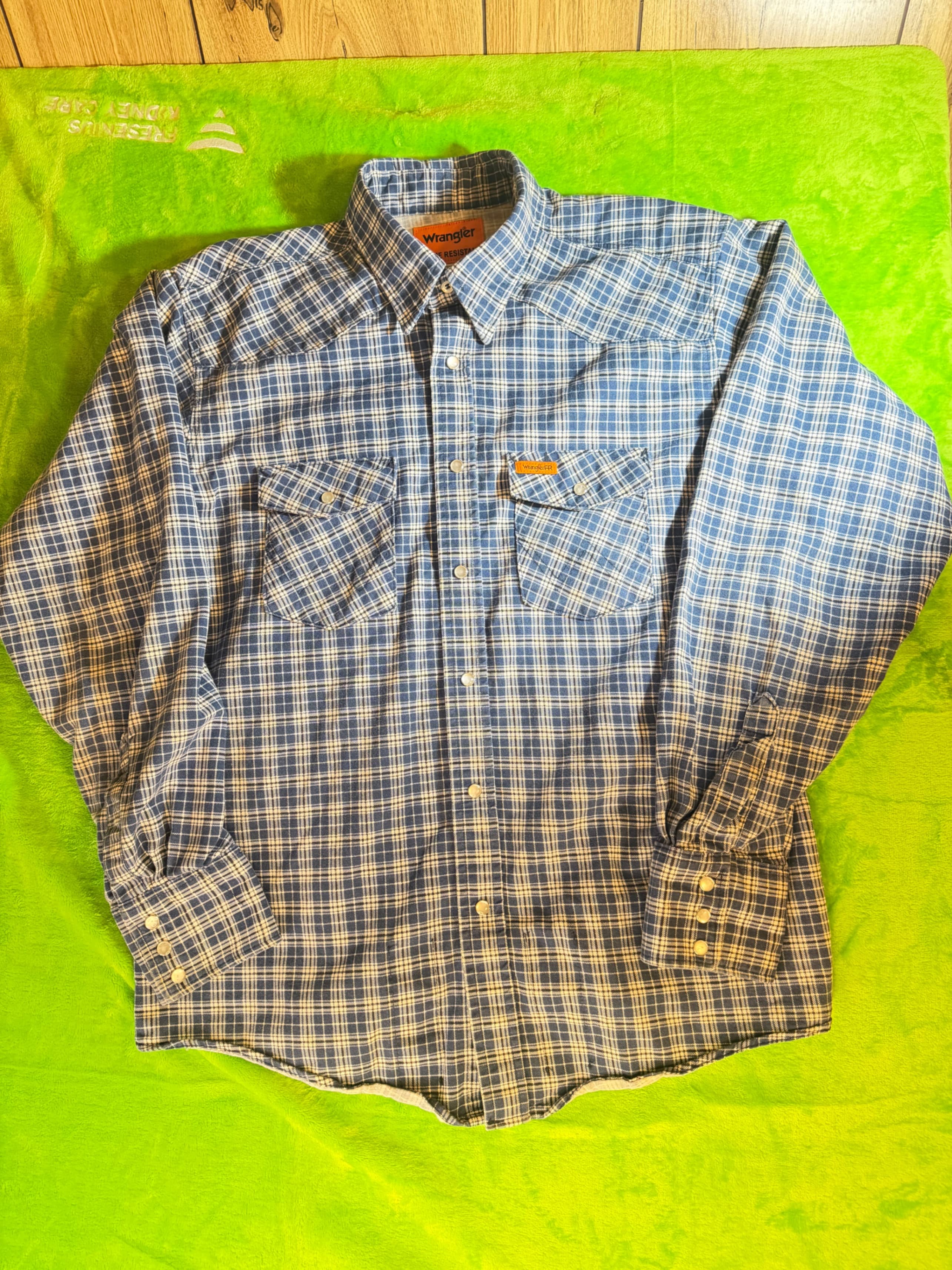 Wrangler FR Flame Resistant Shirt Men XL Blue Plaid Pearl Snap Western HRC2 2112 - Image 1