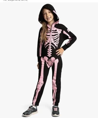 Tipsy elves Skeleton Print Pajamas Costume Black Pink Hooded Full Zip: Youth Med