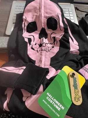 Tipsy elves Skeleton Print Pajamas Costume Black Pink Hooded Full Zip: Youth Med - Thumbnail 4