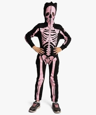 Tipsy elves Skeleton Print Pajamas Costume Black Pink Hooded Full Zip: Youth Med - Thumbnail 2