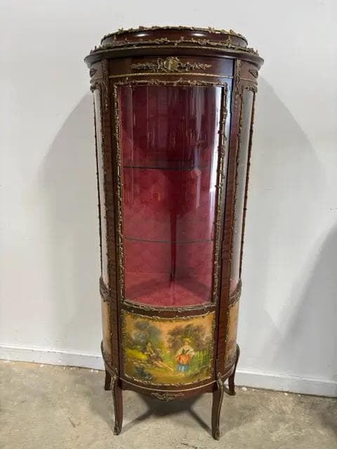 Antique French Style Curved Glass With Bronze Ormalu Metal Curio Cabinet - Image 1