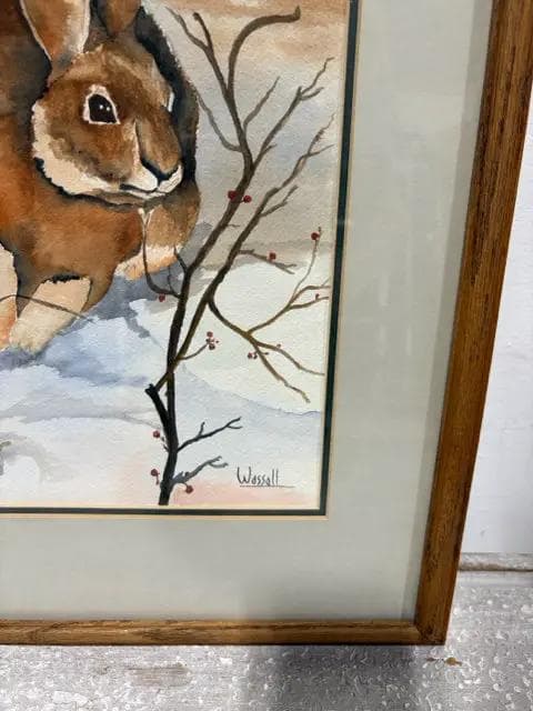 Framed Watercolor Painting Of Rabbit In Snow By Wassall - Thumbnail 2