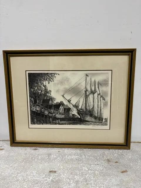 "Tall Ships" Framed And Signed Etching Print By Alan Jay Gaines - Image 1