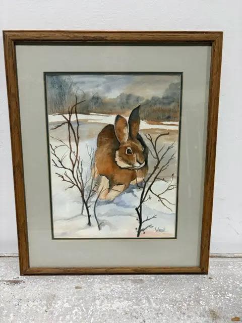 Framed Watercolor Painting Of Rabbit In Snow By Wassall - Image 1