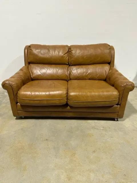 Vintage Classic Leather Rolled Arm Carmel Leather Loveseat - Image 1
