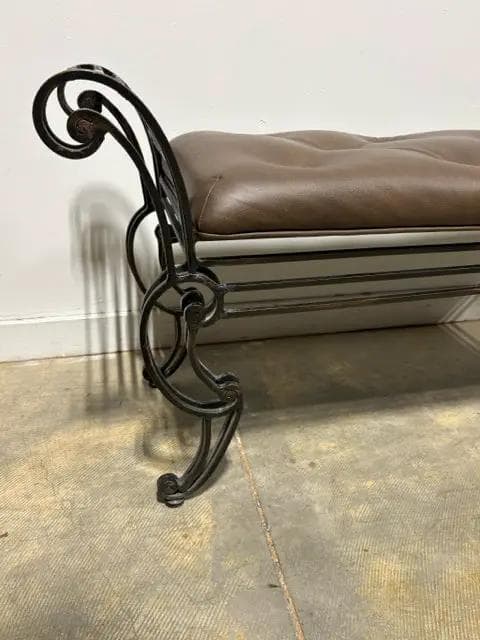 Bassett Wrought Iron Brown Tufted Leather Bench - Thumbnail 2