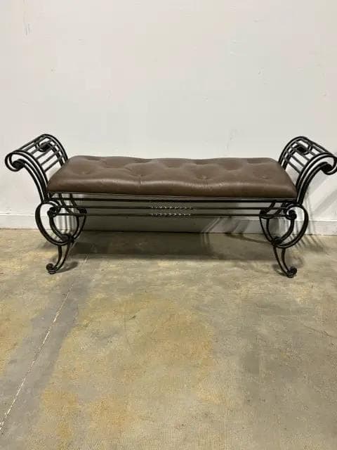 Bassett Wrought Iron Brown Tufted Leather Bench - Image 1