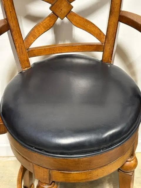 Set of 2 Swivel Wooden Bar Stools with Black Leather Seats & Arms - Thumbnail 2