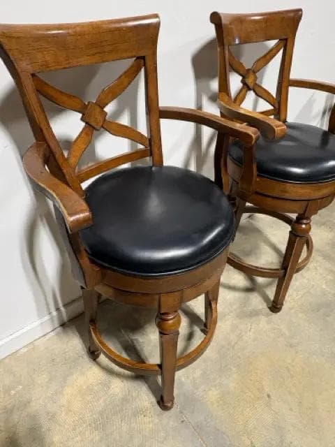 Set of 2 Swivel Wooden Bar Stools with Black Leather Seats & Arms - Thumbnail 6
