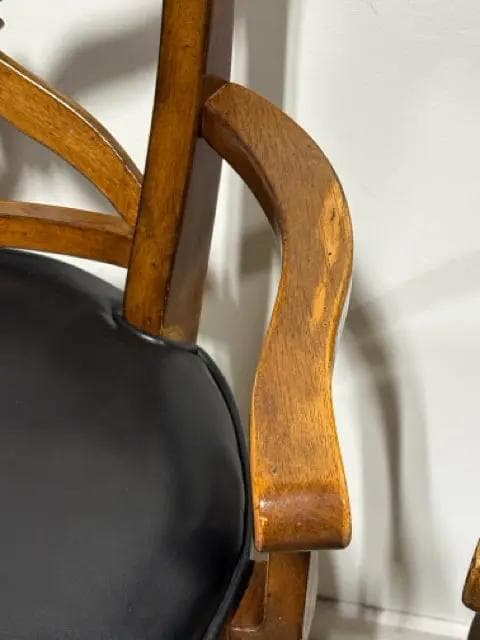 Set of 2 Swivel Wooden Bar Stools with Black Leather Seats & Arms - Thumbnail 5