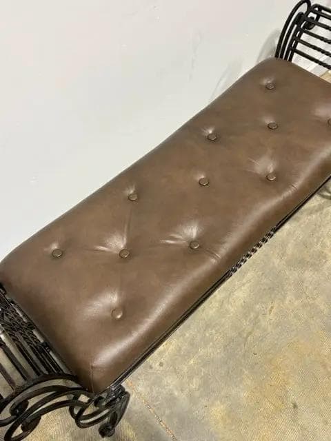 Bassett Wrought Iron Brown Tufted Leather Bench - Thumbnail 3