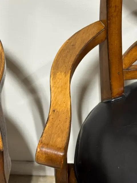 Set of 2 Swivel Wooden Bar Stools with Black Leather Seats & Arms - Thumbnail 4