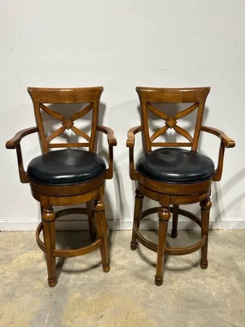 Set of 2 Swivel Wooden Bar Stools with Black Leather Seats & Arms - Image 1