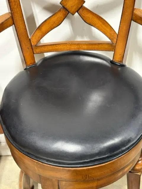 Set of 2 Swivel Wooden Bar Stools with Black Leather Seats & Arms - Thumbnail 3
