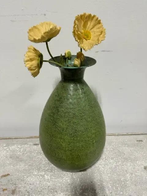 Green Metal Vase With Yellow Faux Flowers - Image 1
