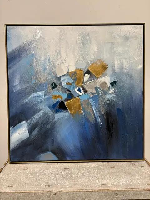 "Bursts" Blue, White, Gold & Silver Abstract Painting in Gold Frame - Image 1