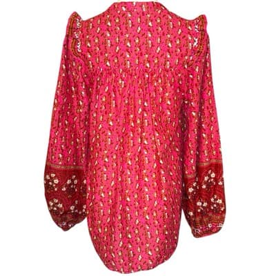 Joie Red Floral Ruffle Blouse M Boho Peasant Top Button Front Long Sleeve Cotton - Thumbnail 4