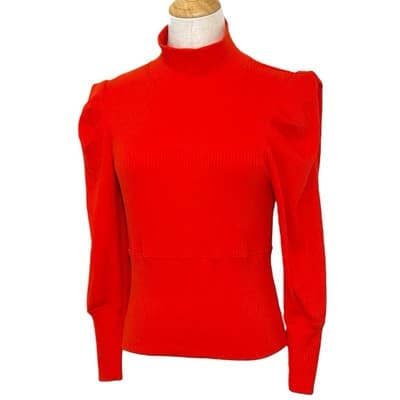 Free People Candy Red Ribbed Mock Neck Puff Sleeve Top Large NWT Stretch Fitted - Image 1