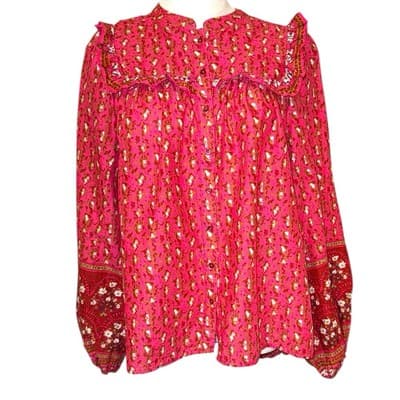 Joie Red Floral Ruffle Blouse M Boho Peasant Top Button Front Long Sleeve Cotton - Image 1
