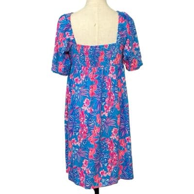 NWT Lilly Pulitzer Delaney Dress 8 Cumulus Blue Orchid Oasis Smocked Cotton - Thumbnail 4